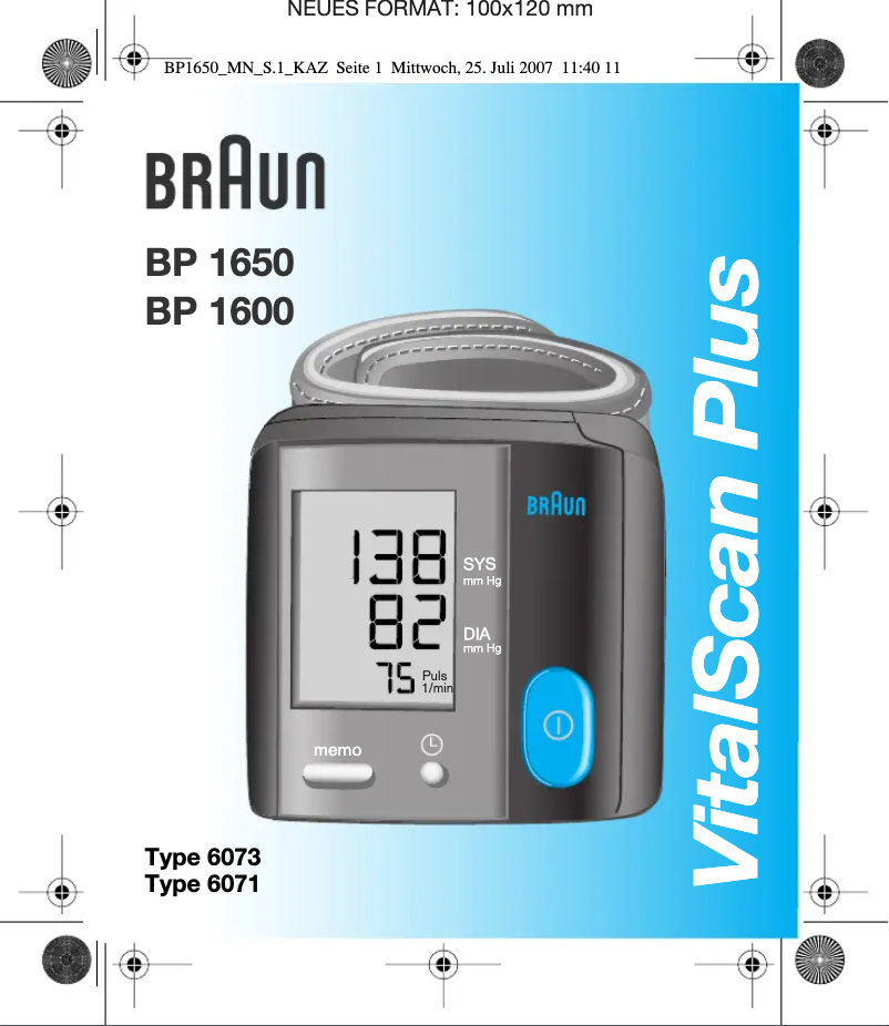 Page 1 de la notice Manuel utilisateur Braun VitalScan Plus BP 1600