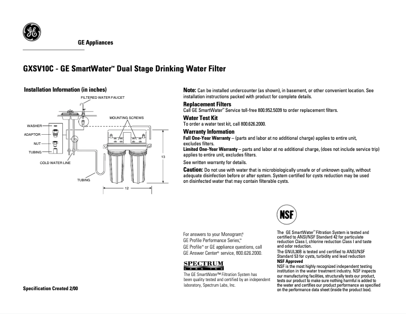 Page 1 of the manual Technical Sheet GE GXSV10C