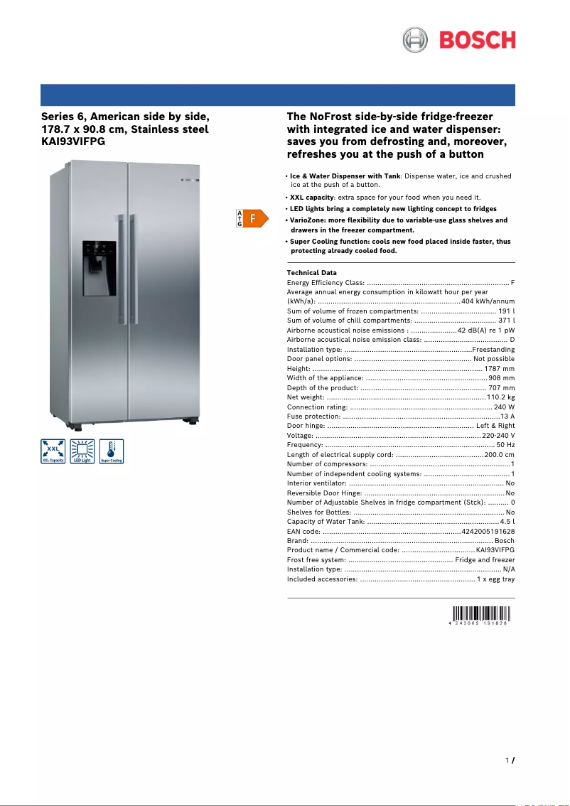 Page 1 of the manual Technical Sheet Bosch Serie 6 KAI93VIFPG