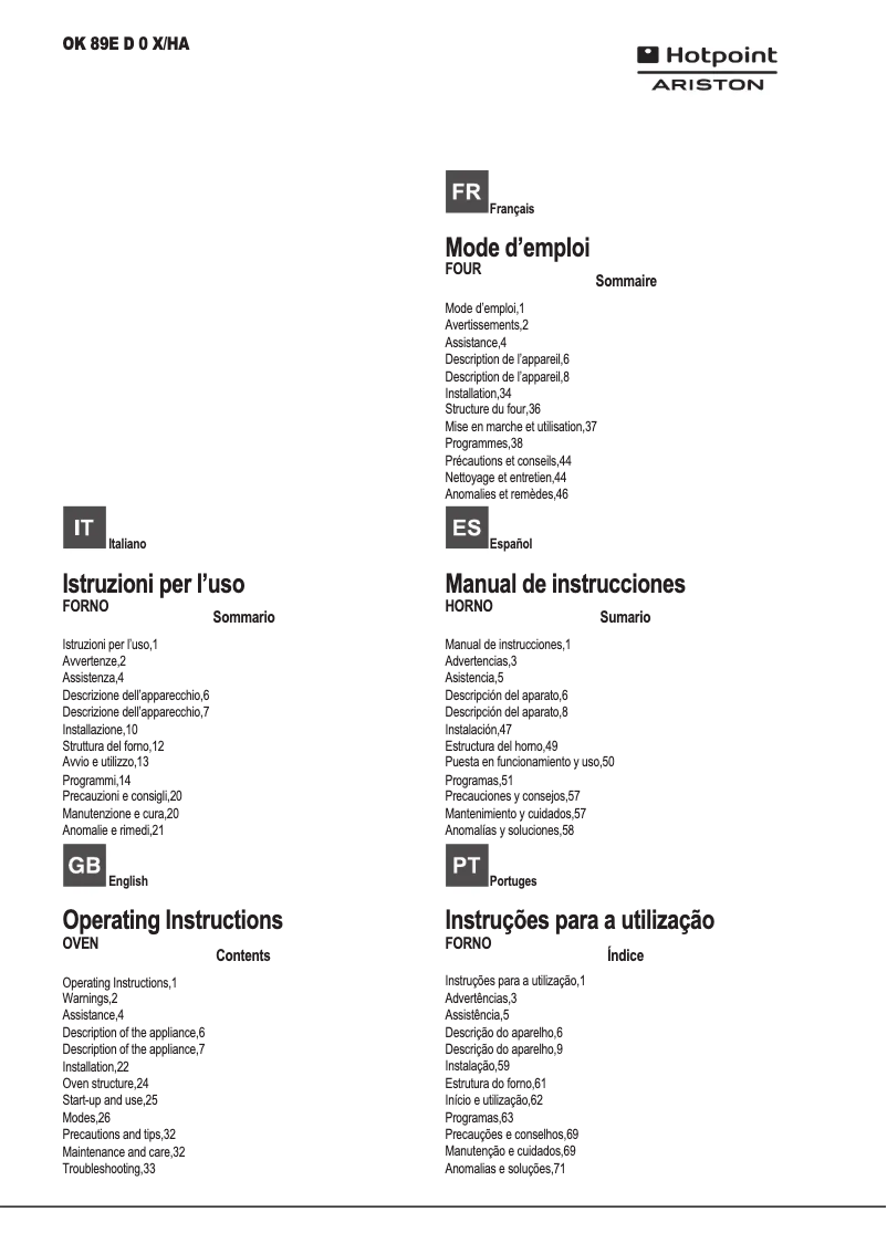 Page 1 de la notice Manuel utilisateur Hotpoint Ariston OK 89E D 0 X/HA