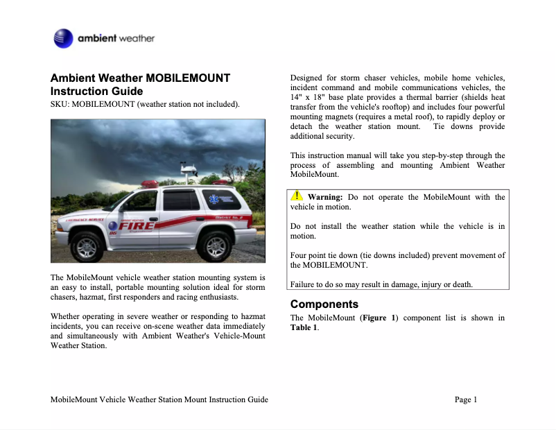 Page 1 de la notice Manuel utilisateur Ambient Weather MOBILEMOUNT