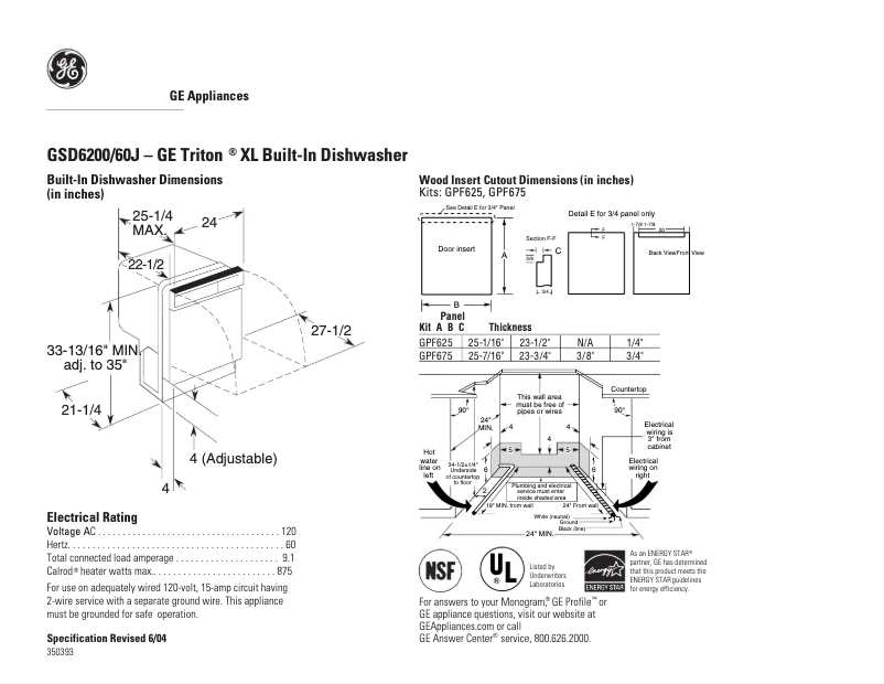 Página 1 del manual Ficha técnica GE GSD6260JSS
