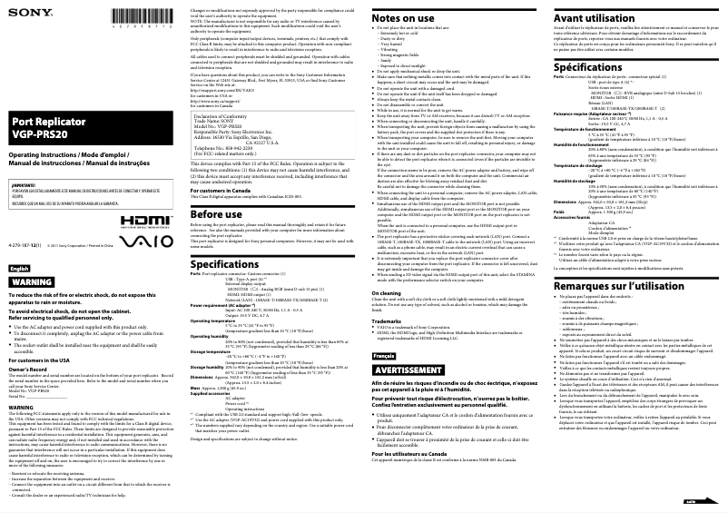Page 1 de la notice Manuel utilisateur Sony VGP-PRS20