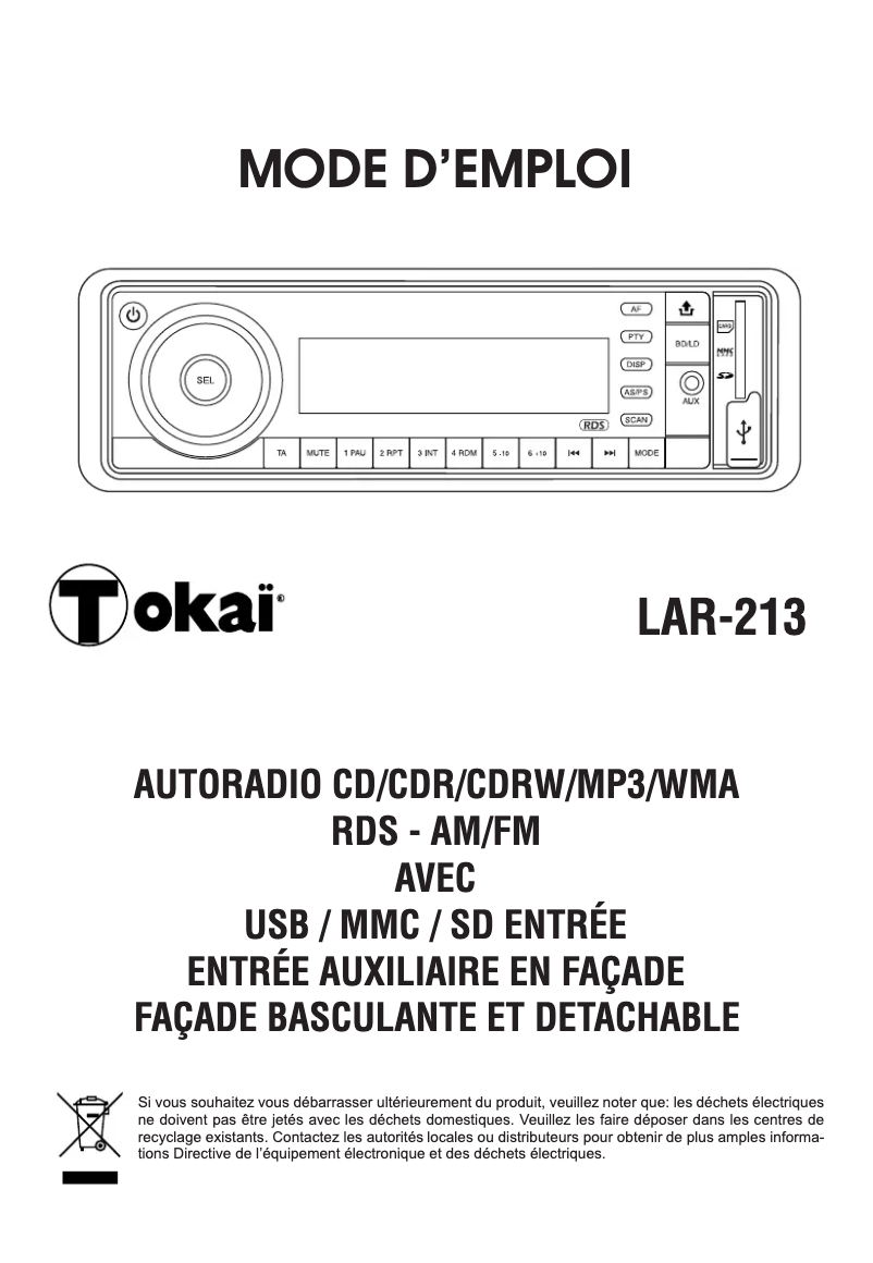 Page 1 de la notice Manuel utilisateur Tokaï LAR-213