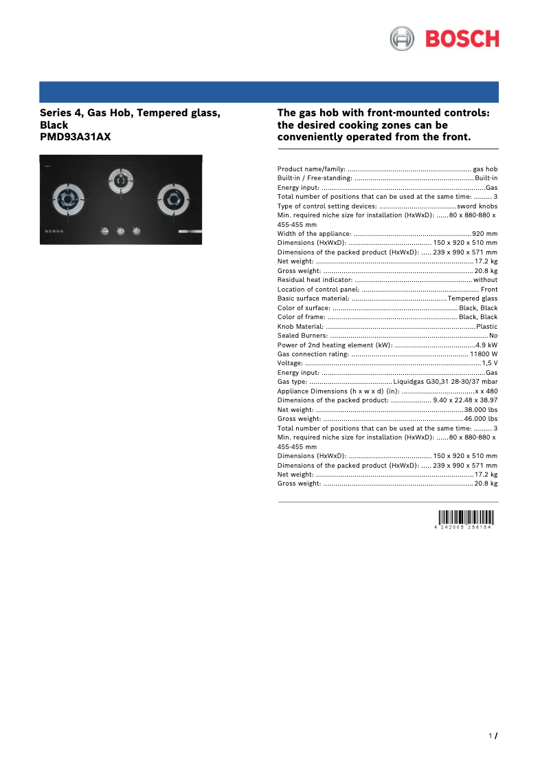 Page 1 de la notice Fiche technique Bosch PMD93A31AX