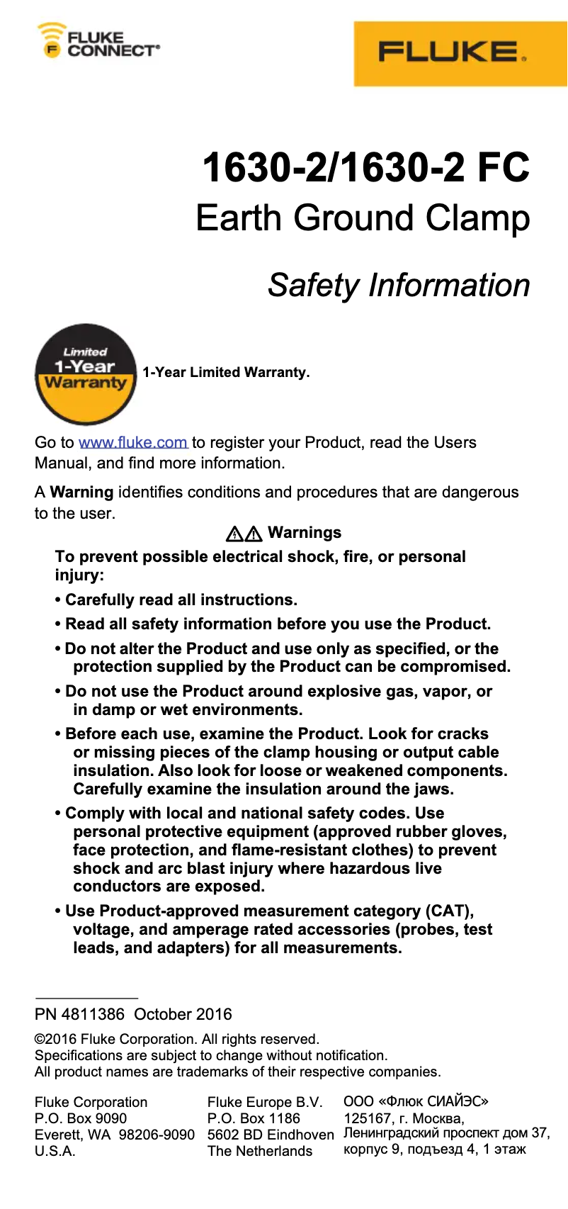 Page 1 de la notice Instructions de sécurité Fluke 1630