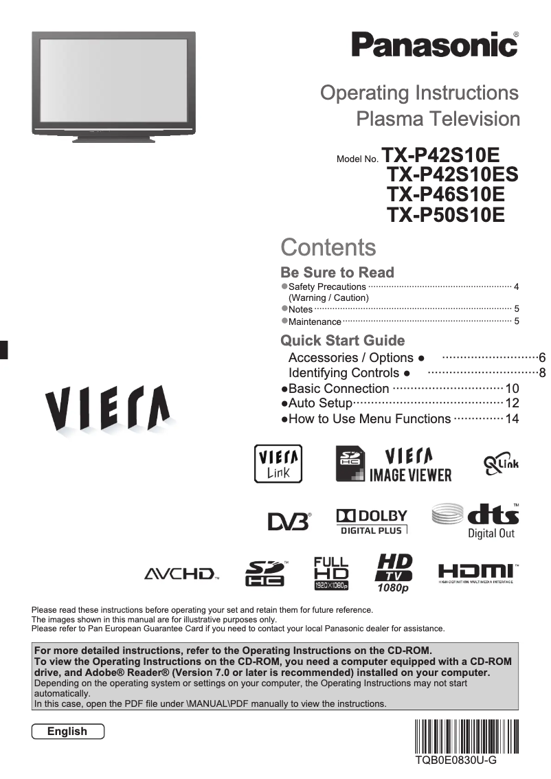 Page 1 of the manual User Manual Panasonic Viera TX-P46S10E