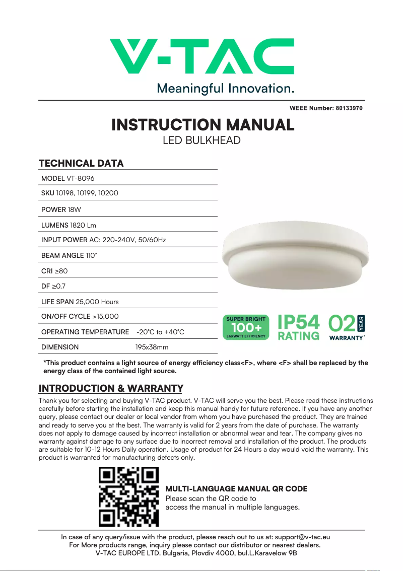 Page 1 de la notice Manuel utilisateur V-TAC VT-8096