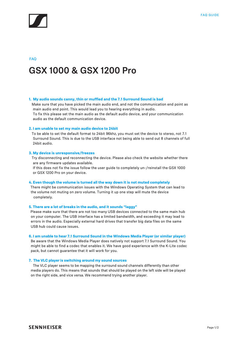 Page 1 de la notice FAQ Sennheiser GSX 1200 Pro