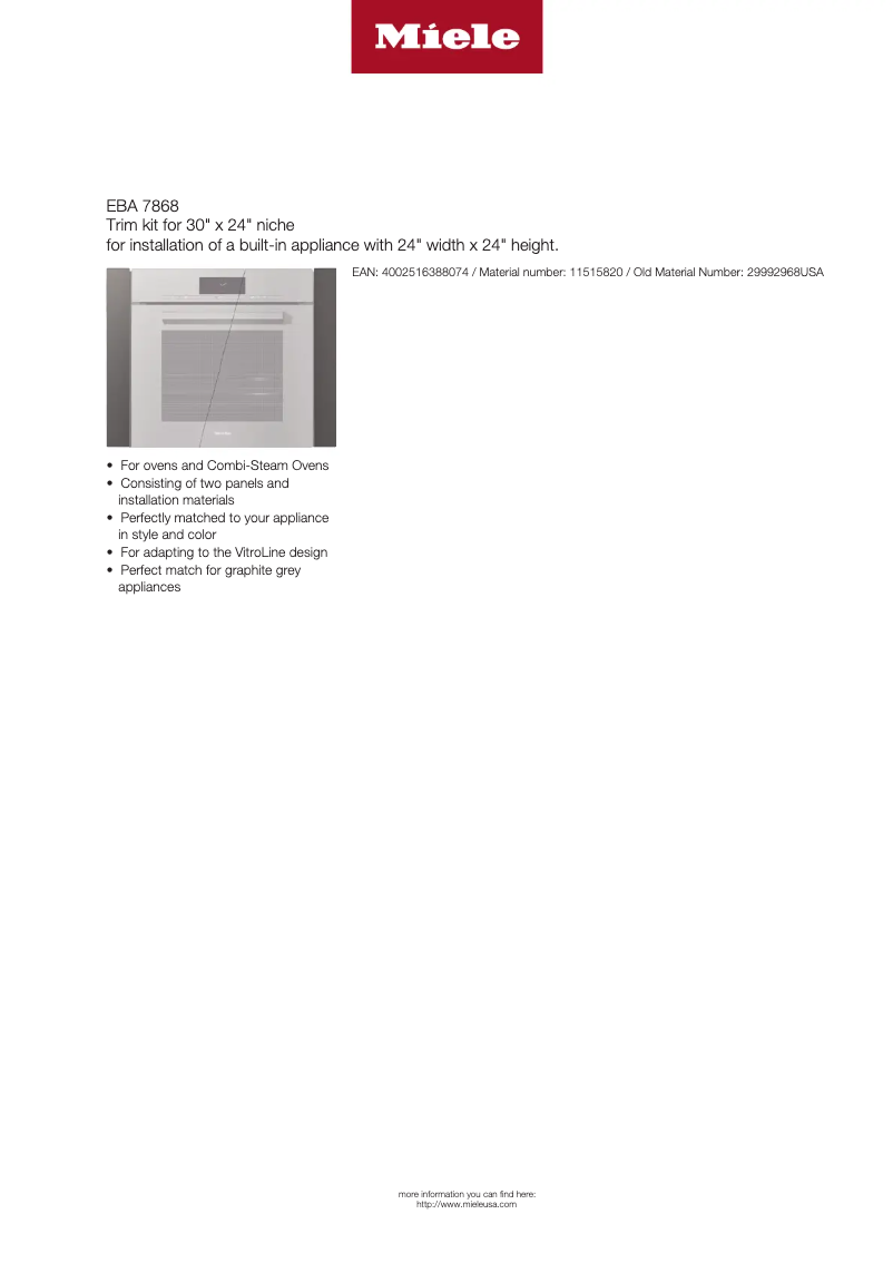 Page 1 de la notice Fiche technique Miele EBA 7868