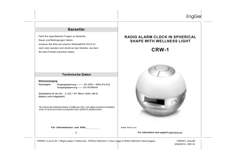 Page 1 de la notice Manuel utilisateur Lenco CRW-1