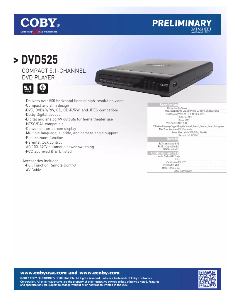 Page 1 de la notice Manuel utilisateur Coby DVD525