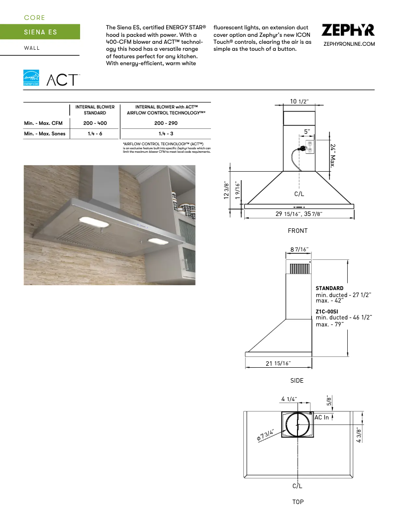 Página 1 del manual Ficha técnica Zephyr Siena ZSI-E36AS-ES