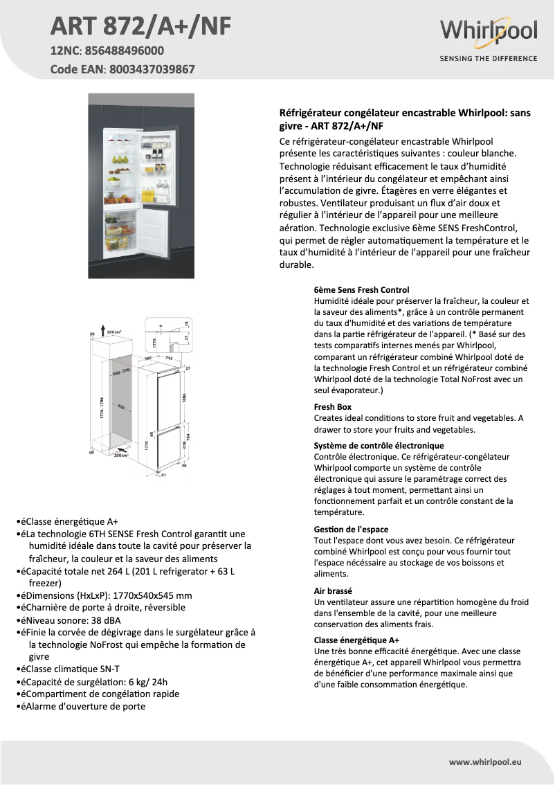 Page 1 de la notice Fiche technique Whirlpool ART 872/A+/NF