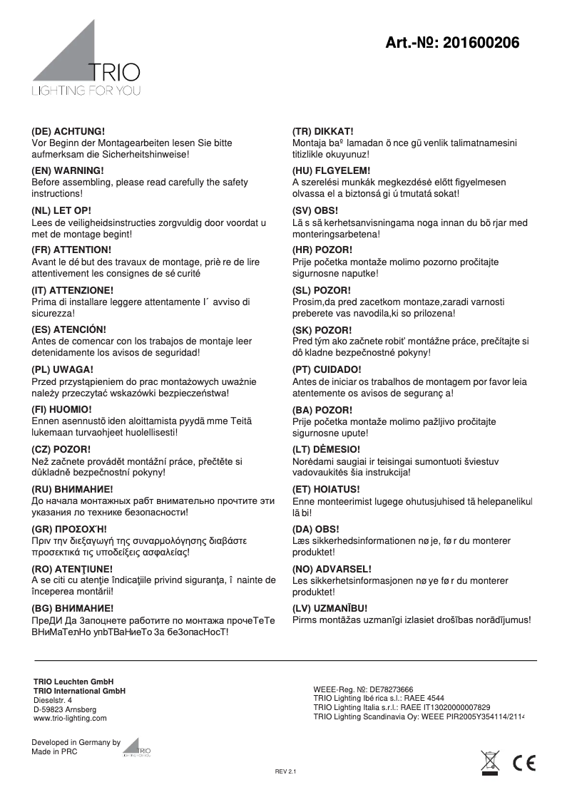 Page 1 de la notice Manuel utilisateur Trio Lighting Lucerna 201600206