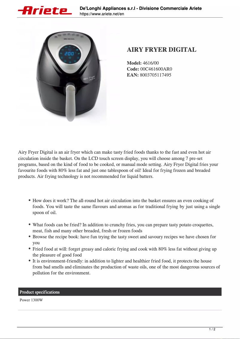 Page 1 of the manual Technical Sheet Ariete Airy Fryer Digital 4616