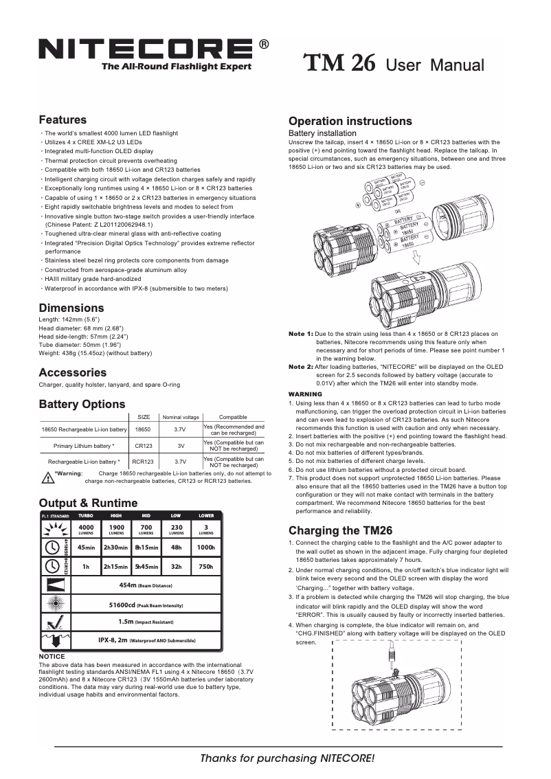 Page 1 de la notice Manuel utilisateur Nitecore TM26