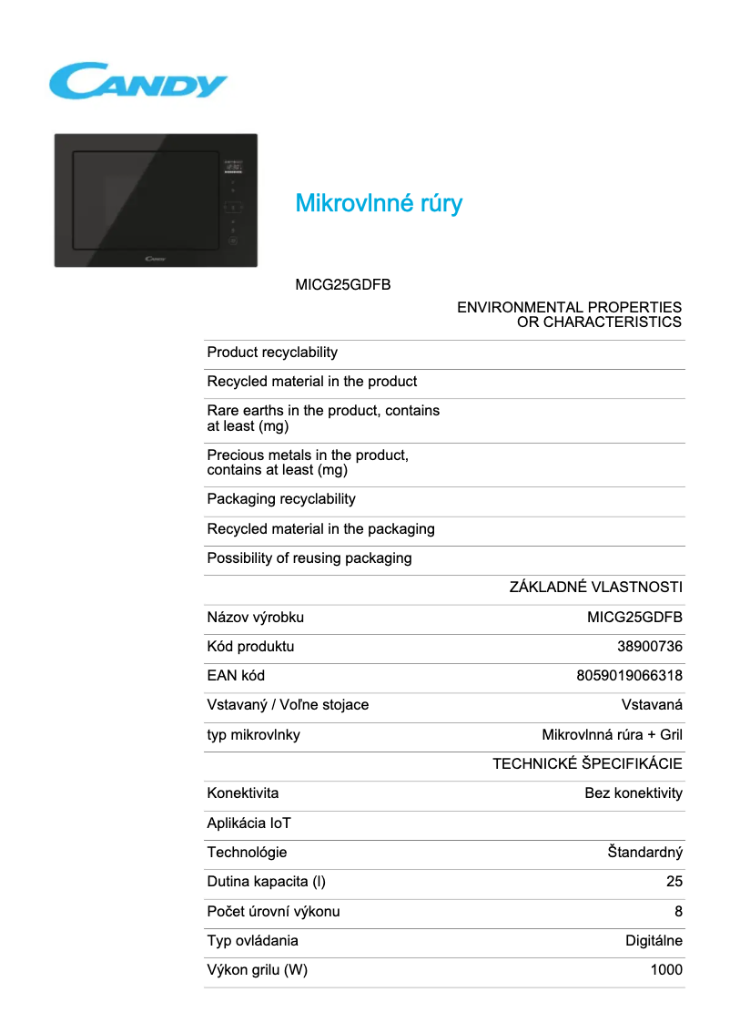 Página 1 del manual Ficha técnica Candy MICG25GDFB