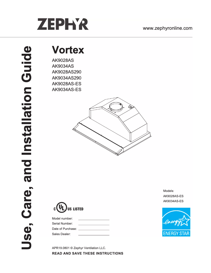Page 1 de la notice Manuel utilisateur Zephyr Vortex AK9028AS290