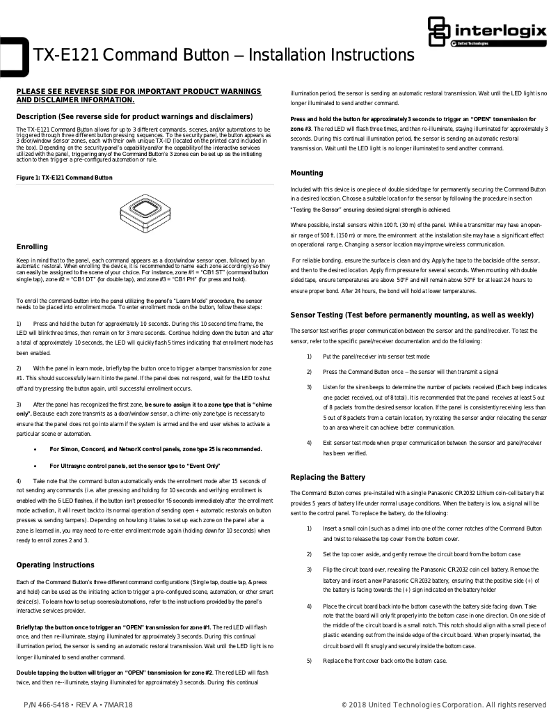 Page 1 de la notice Manuel utilisateur Interlogix TX-E121