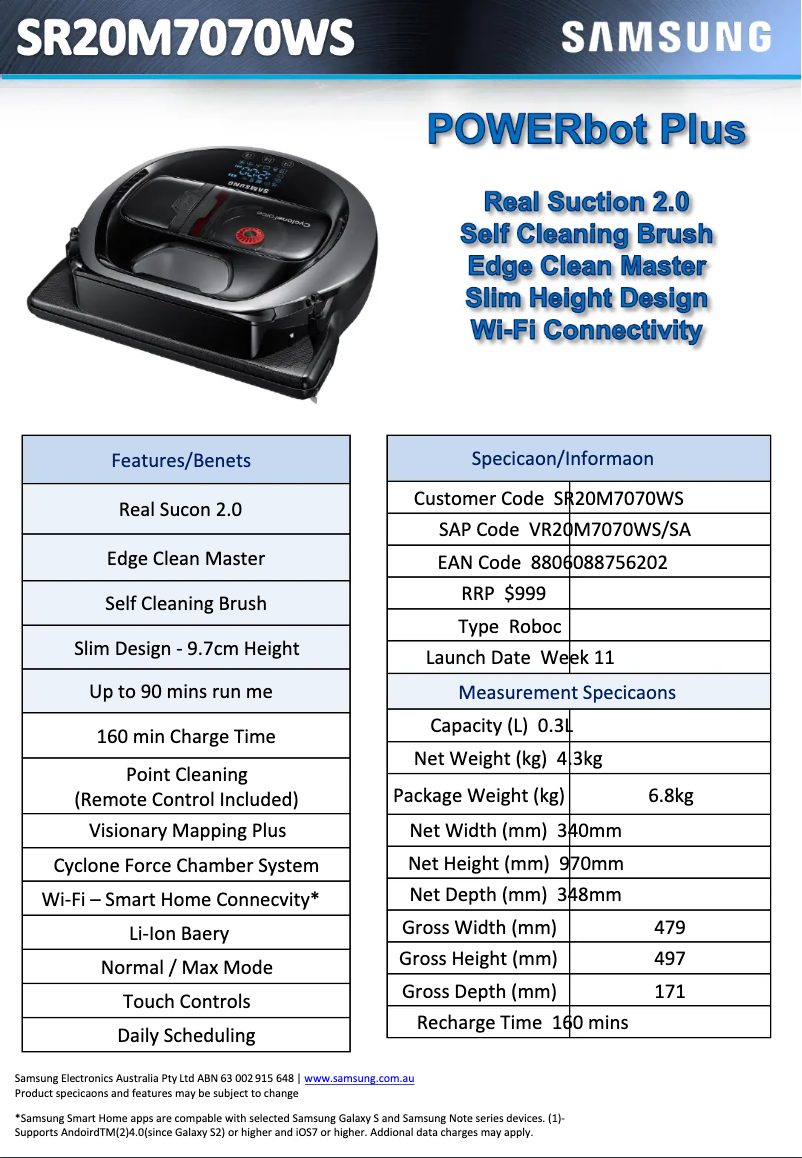 Página 1 del manual Ficha técnica Samsung SR20M7070WS