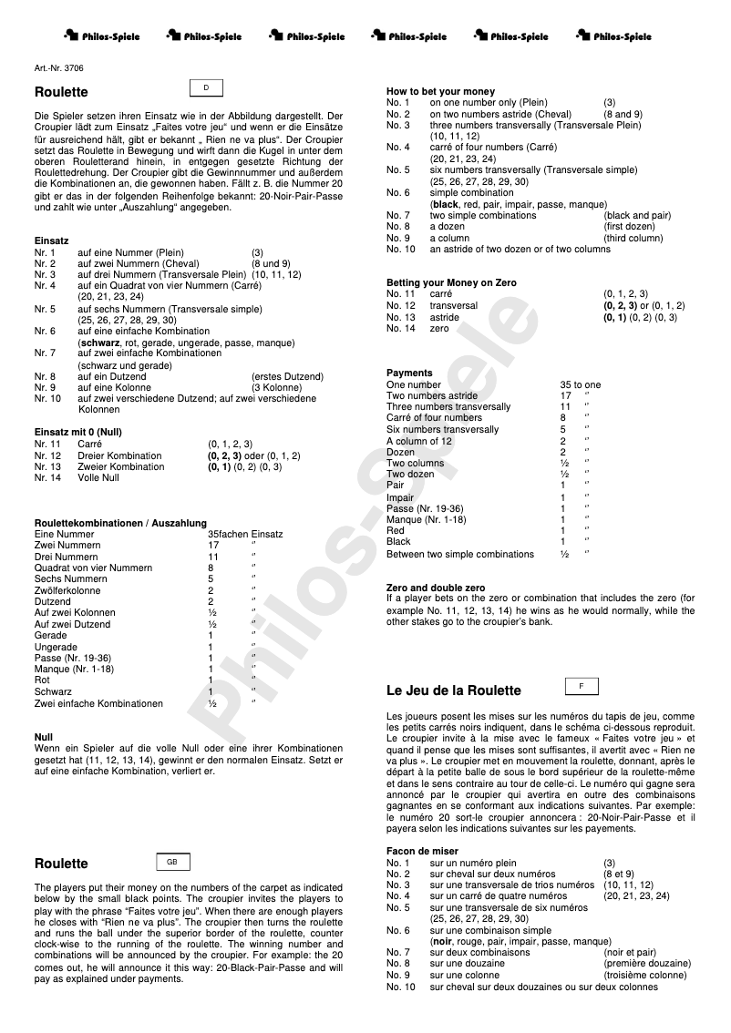Page 1 of the manual User Manual Philos Roulette Set Design I