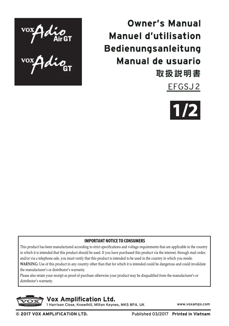 Page 1 de la notice Manuel utilisateur VOX Adio Air GT