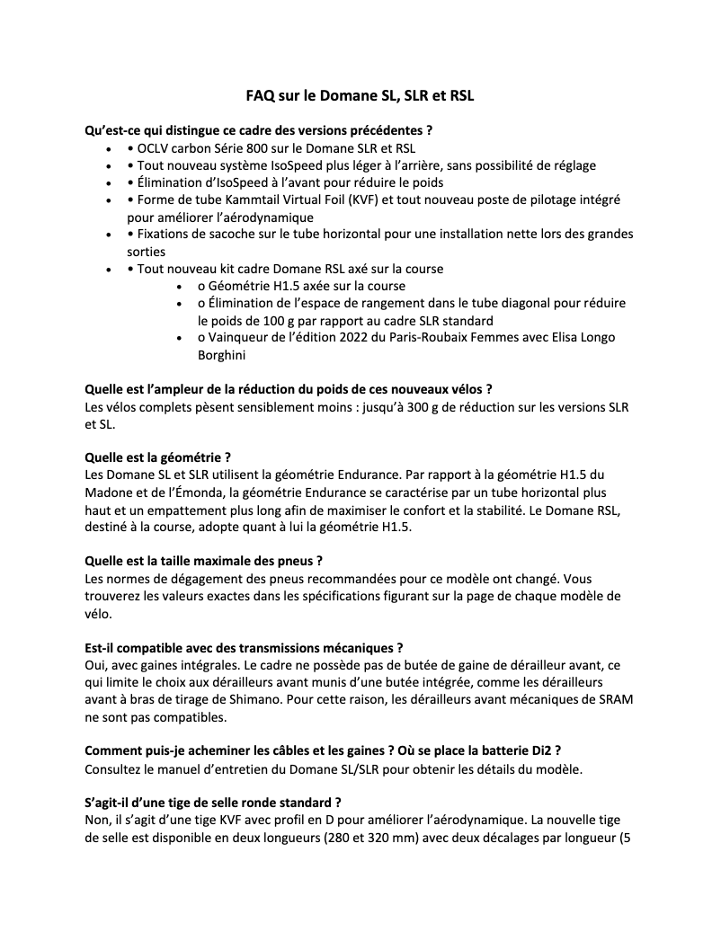 Page 1 of the manual FAQ Trek Domane SLR 9 AXS Gen 4