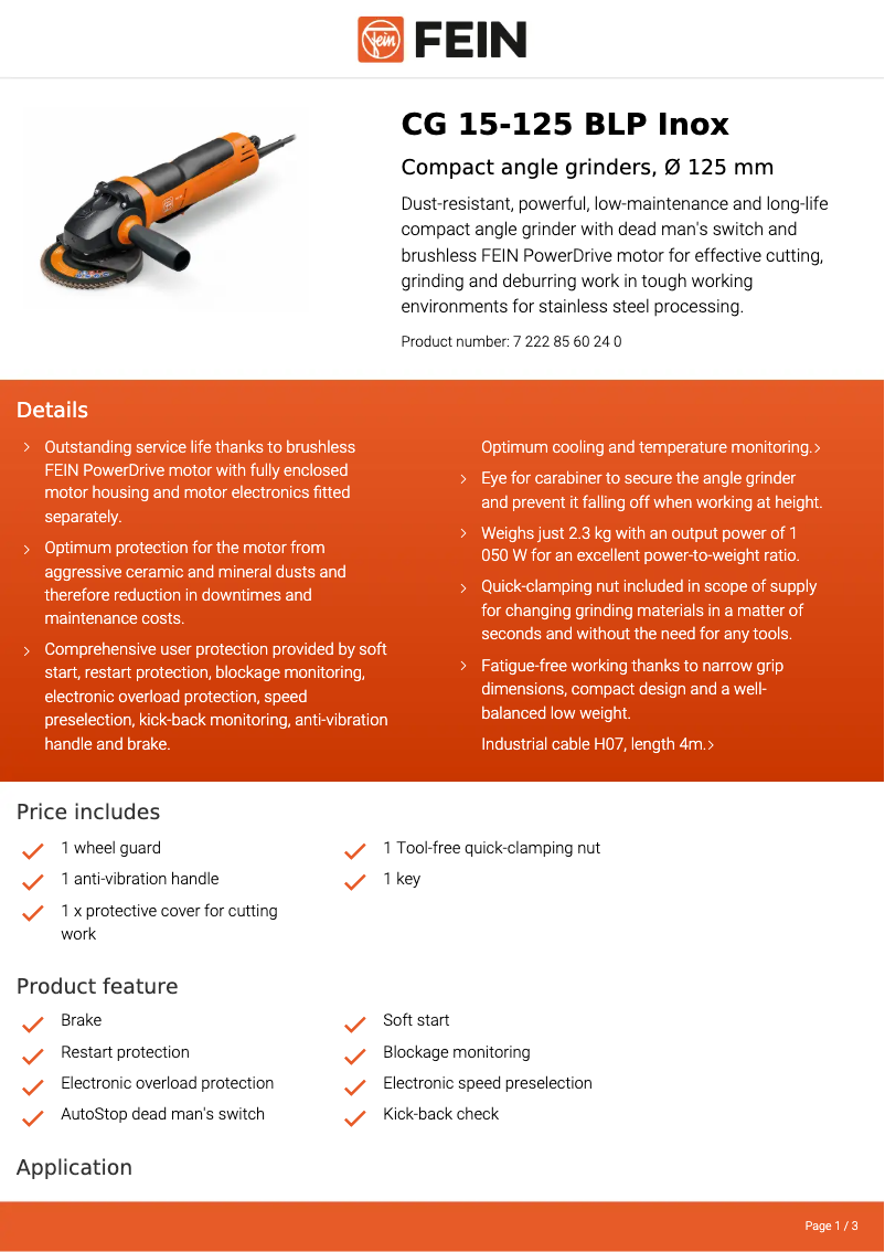 Page 1 de la notice Fiche technique Fein CG 15-125 BLP Inox