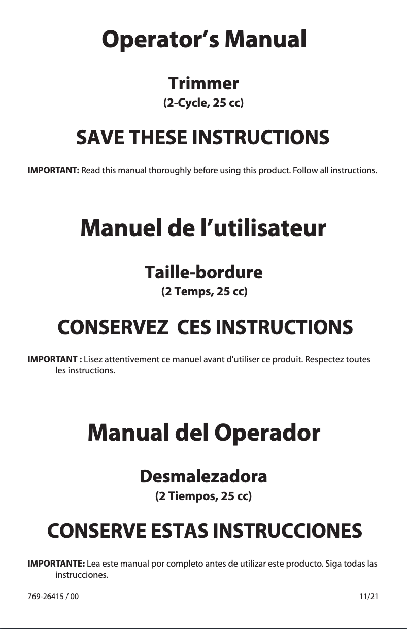 Page 1 de la notice Manuel utilisateur Troy-Bilt TB252S