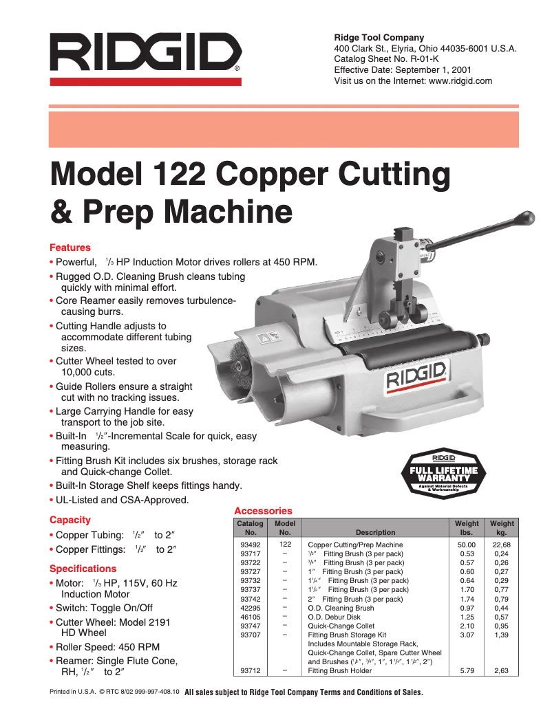Page 1 de la notice Catalogue Ridgid 122J