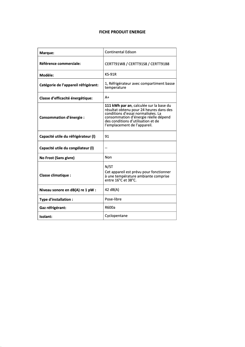 Page 1 de la notice Label énergétique Continental Edison CERTT91B8