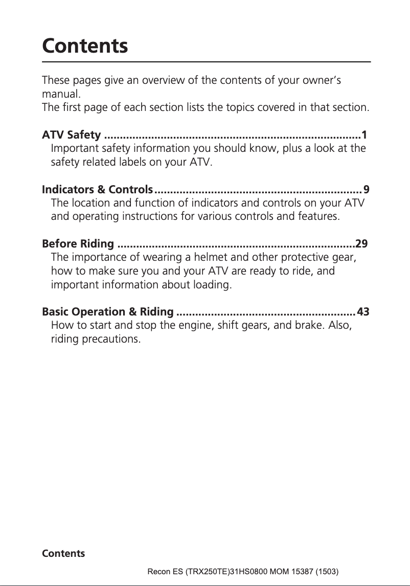 Page 1 de la notice Manuel utilisateur Honda FourTrax Recon TRX250TE (2016)