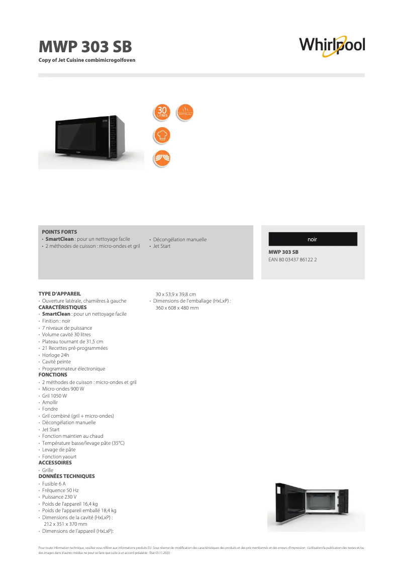 Page 1 de la notice Fiche technique Whirlpool MWP 303 SB