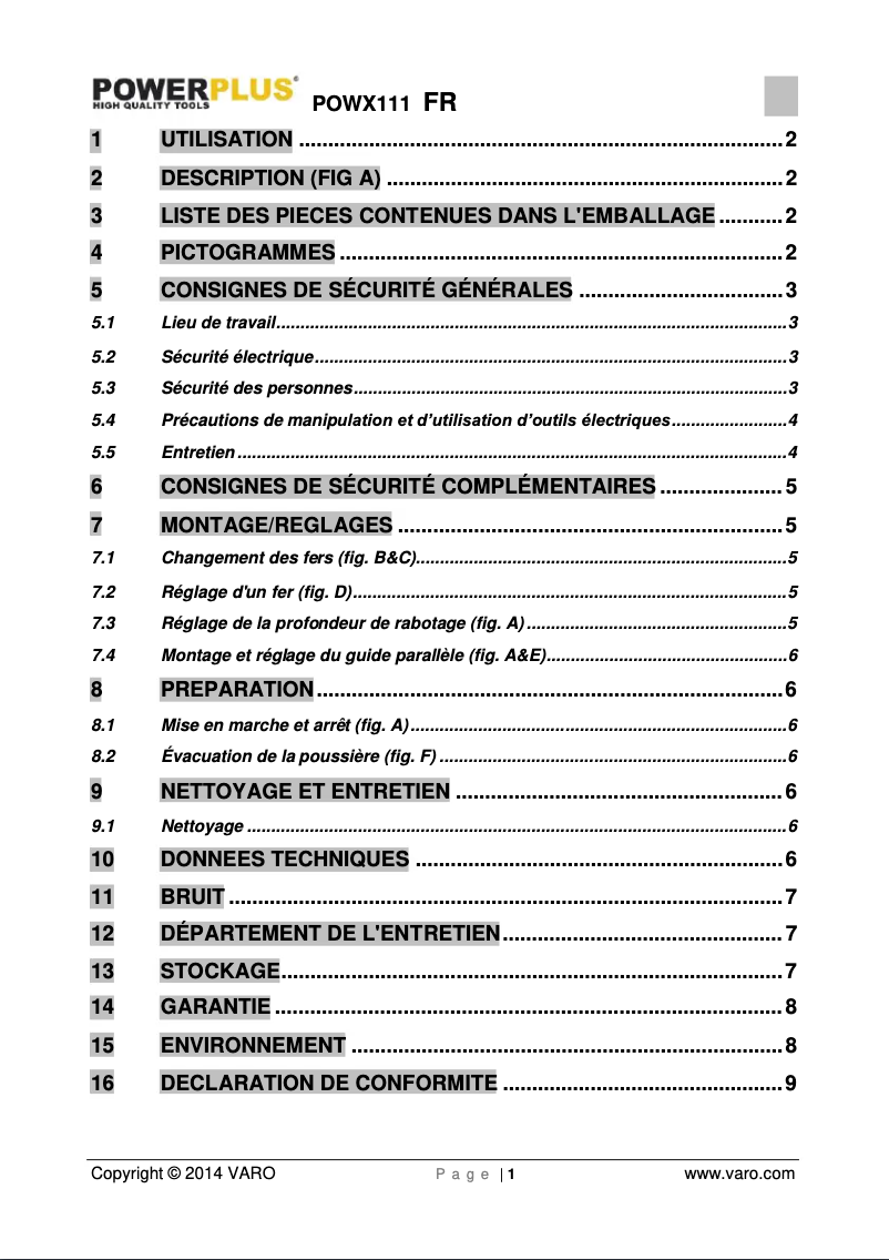 Page 1 de la notice Manuel utilisateur PowerPlus POWX111