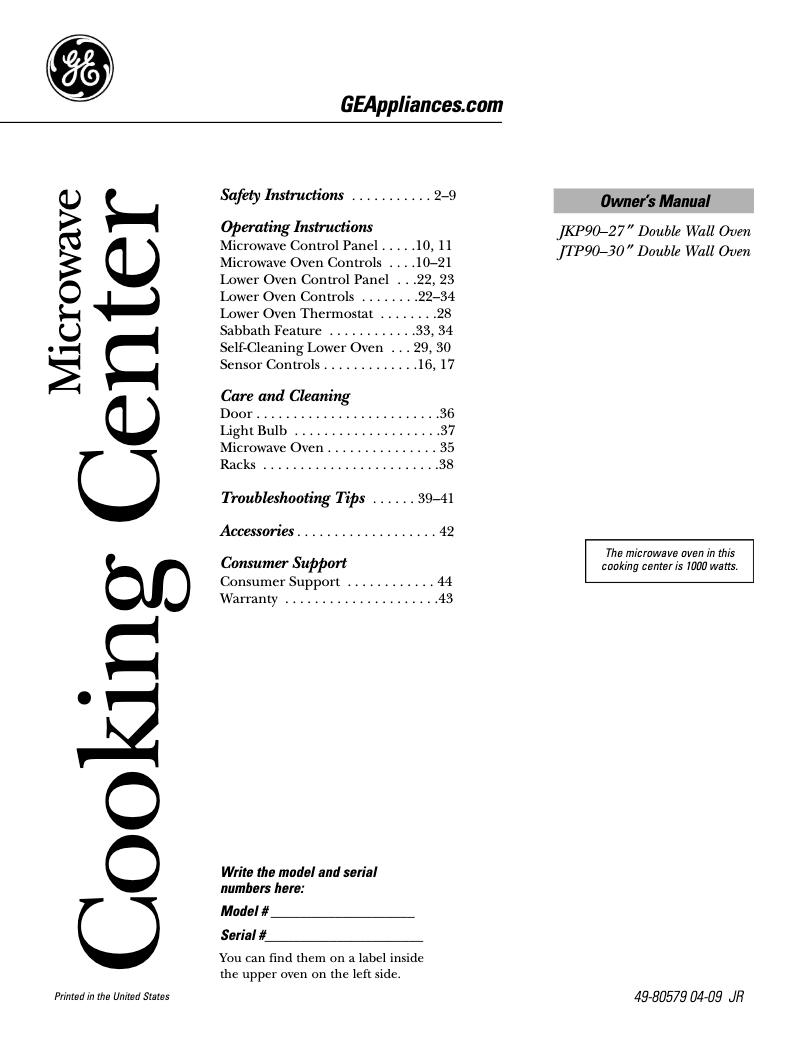 Page 1 de la notice Manuel d'utilisation et d'entretien GE JKP90DPCC
