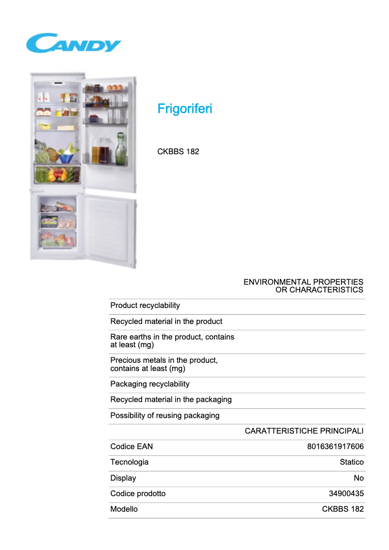Page 1 de la notice Fiche technique Candy CKBBS 182