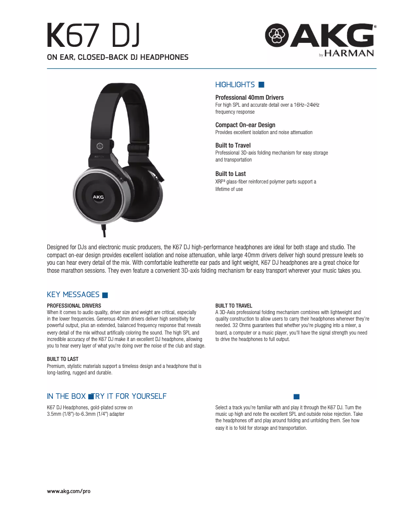 Page 1 de la notice Manuel utilisateur AKG K67 DJ