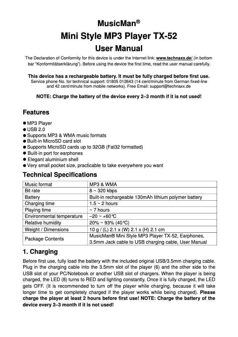 Page 1 de la notice Manuel utilisateur Technaxx MusicMan TX-52