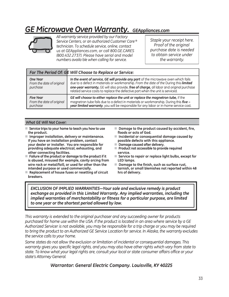 Page 1 de la notice Informations de garantie GE PVM9005EJES