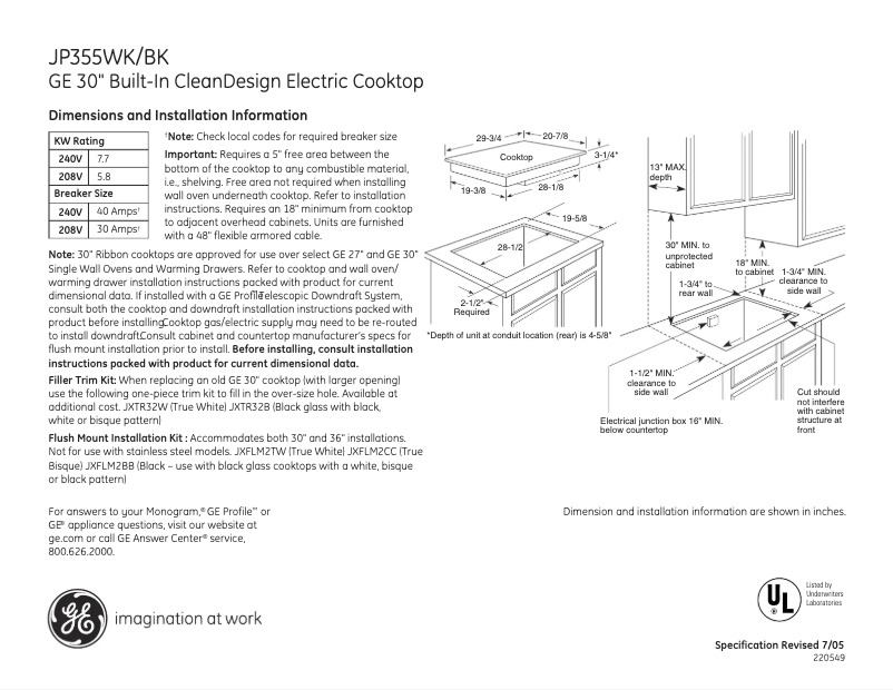 Page n°1 - Fiche technique GE JP355WKWW