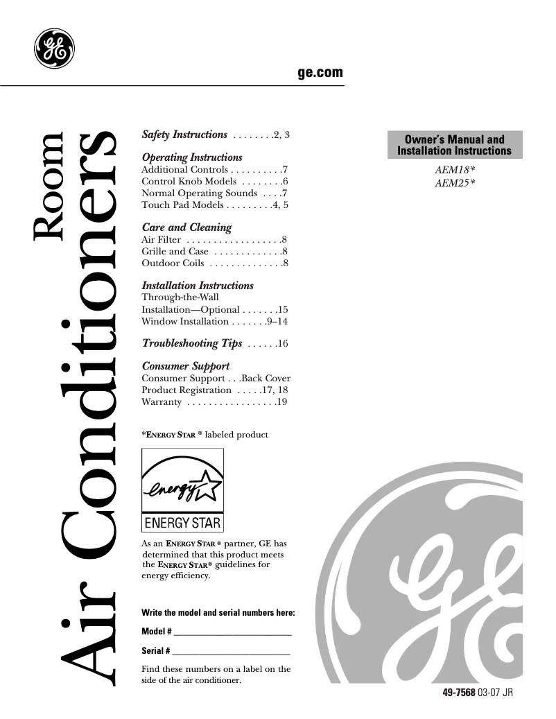 Page n°1 - Manuel d'utilisation et d'entretien GE AEM18DK