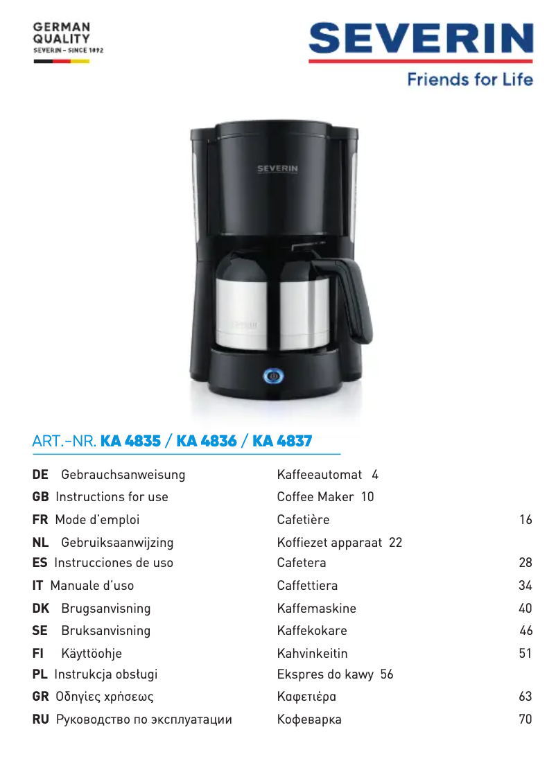 Page 1 de la notice Manuel utilisateur Severin KA 4836