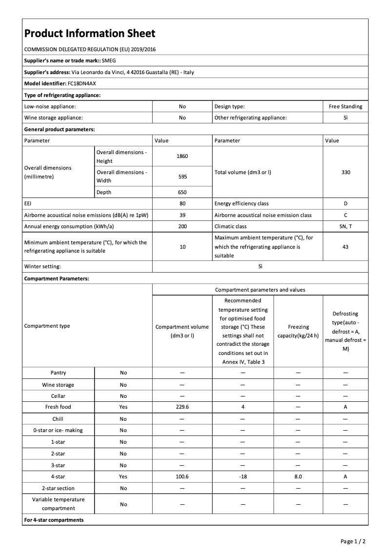 Page 1 de la notice Brochure Smeg FC18DN4AX