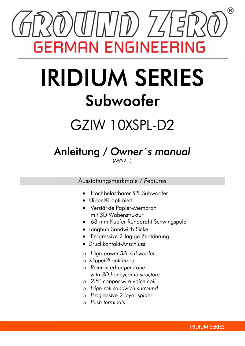 Page 1 de la notice Manuel utilisateur Ground Zero GZIW 10XSPL-D2