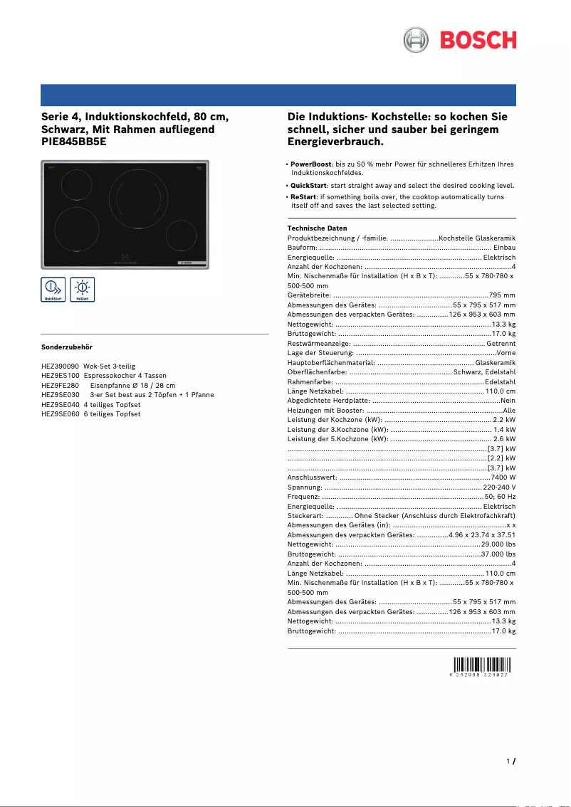 Page 1 de la notice Fiche technique Bosch PIE845BB5E