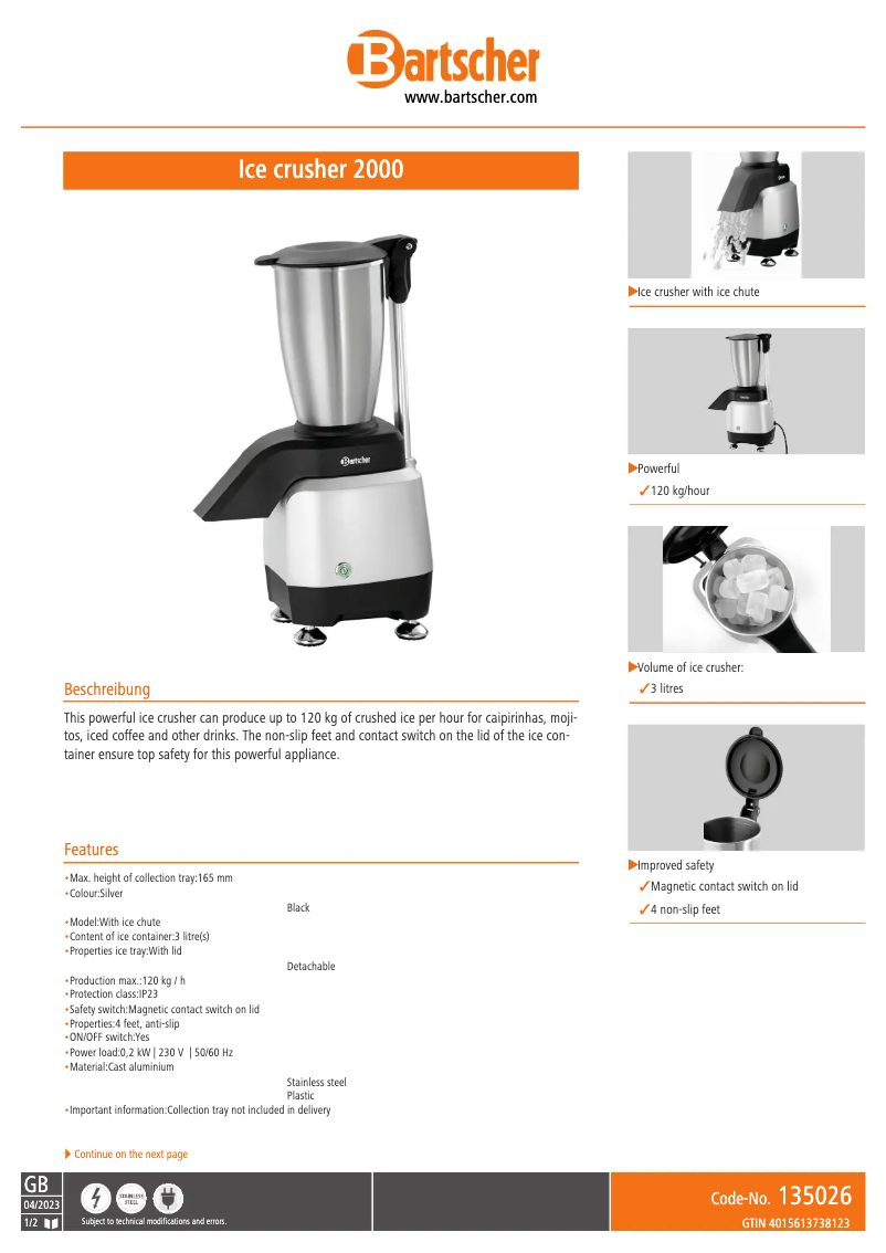 Page 1 de la notice Fiche technique Bartscher 135026