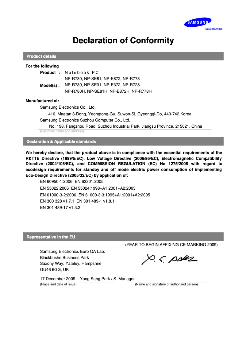 Page 1 de la notice Manuel utilisateur Samsung R730