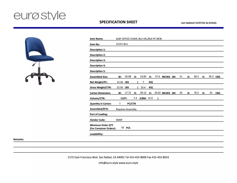 Page 1 de la notice Fiche technique Eurø Style Alby