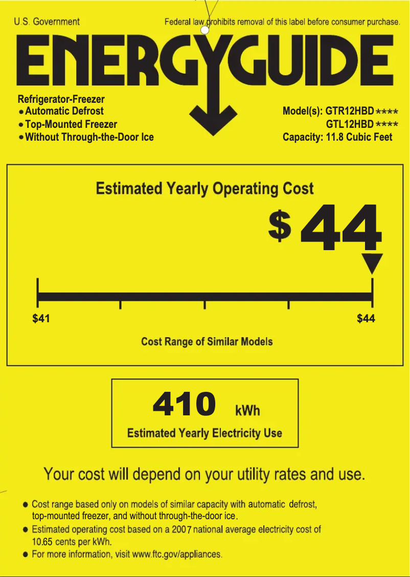 Página 1 del manual Etiqueta energética GE GTR12HBDWW